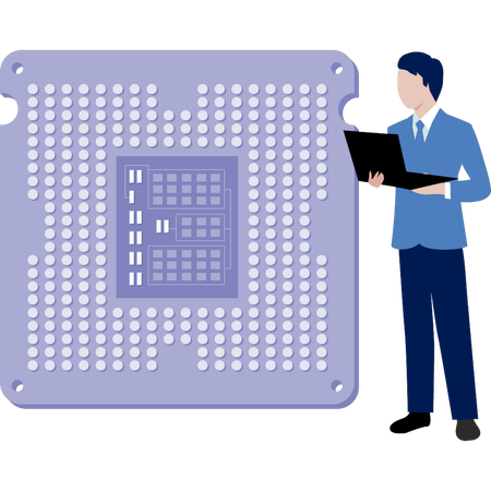 Boy looking at microchip  Illustration