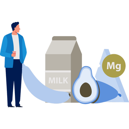 牛乳と野菜の食事を眺める少年  イラスト