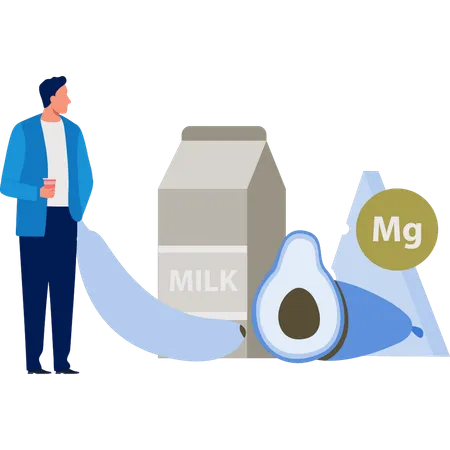 牛乳と野菜の食事を眺める少年  イラスト