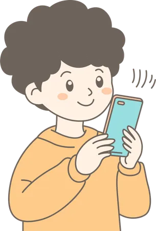 携帯電話を見ている少年  イラスト