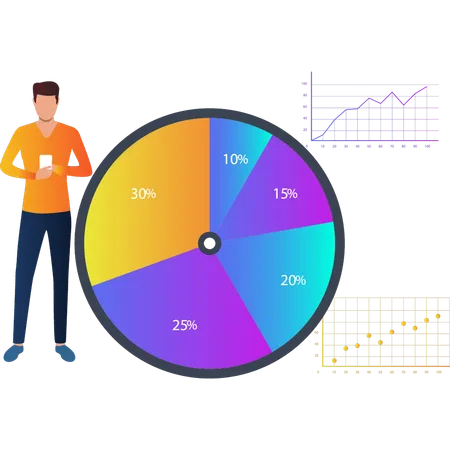 Boy Is Looking At Mobile In Business Pie Chart Illustration