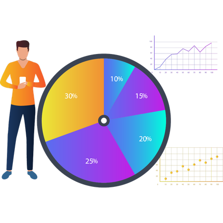 Boy looking at mobile in business pie chart  Illustration