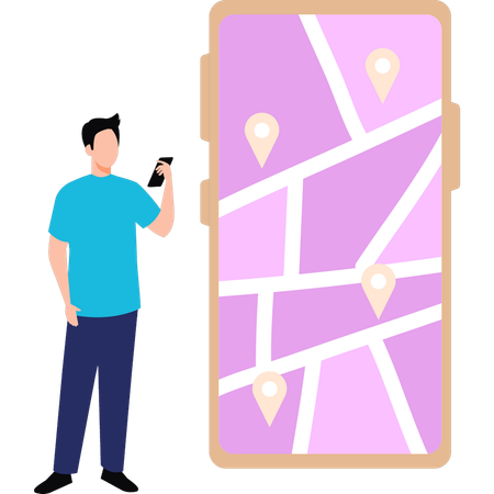 Boy looking at mobile map  Illustration