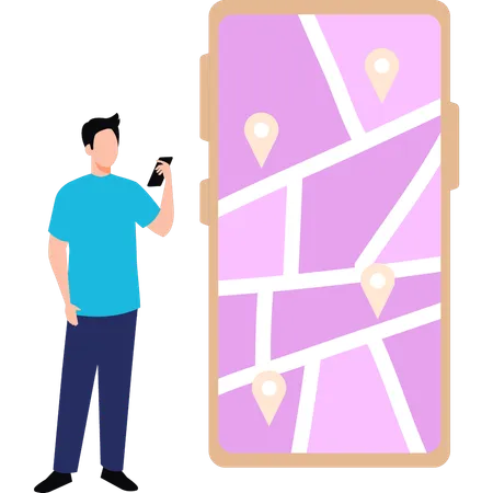 Boy looking at mobile map  Illustration