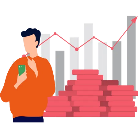 Boy looking at money graph  Illustration