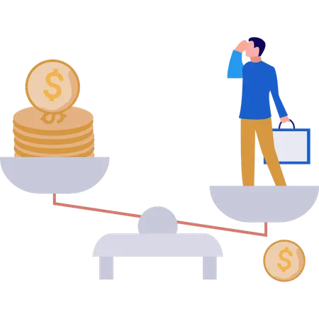 Boy looking at money in scale  Illustration
