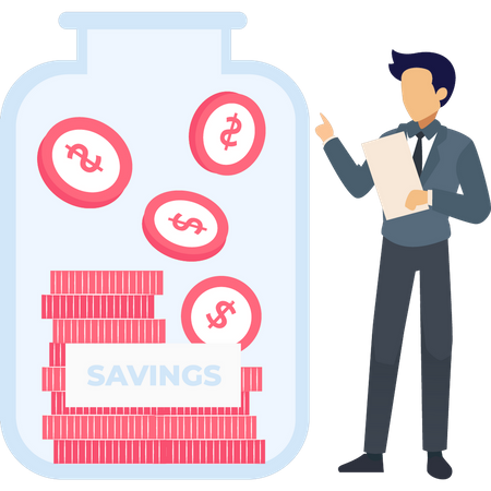 Boy looking at money saving jar  Illustration