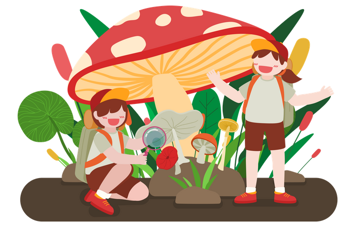 Boy looking at mushroom using magnifying glass while girl is standing Illustration
