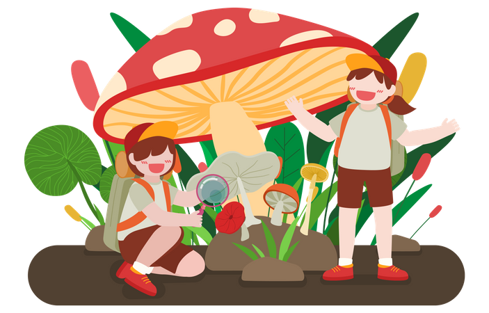 Boy looking at mushroom using magnifying glass while girl is standing  Illustration