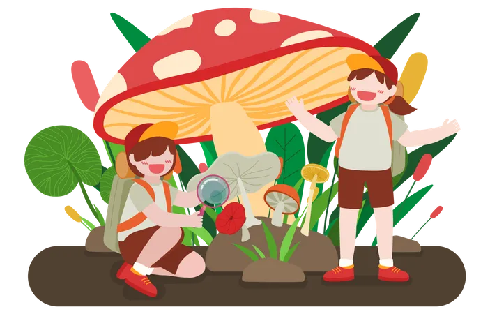 Boy looking at mushroom using magnifying glass while girl is standing  Illustration