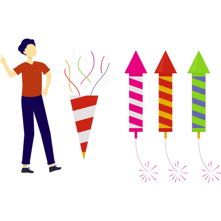 Boy looking at new year firecracker rocket  Illustration