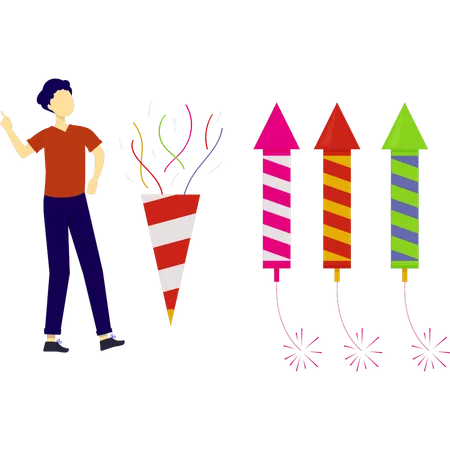 Boy looking at new year firecracker rocket  Illustration