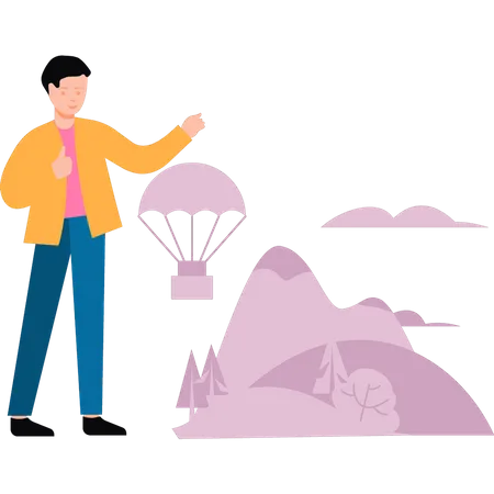 Boy looking at parachute  Illustration