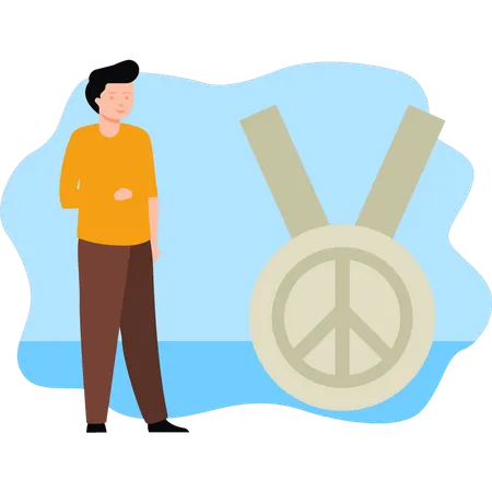 Boy looking at peace medal Illustration
