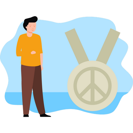 Boy looking at peace medal  Illustration