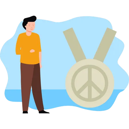 Boy looking at peace medal  Illustration