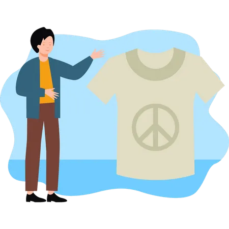 Boy looking at peace sign on t-shirt Illustration
