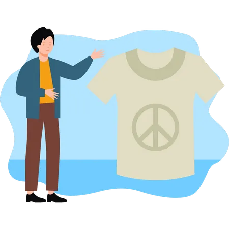 Boy looking at peace sign on t-shirt  Illustration