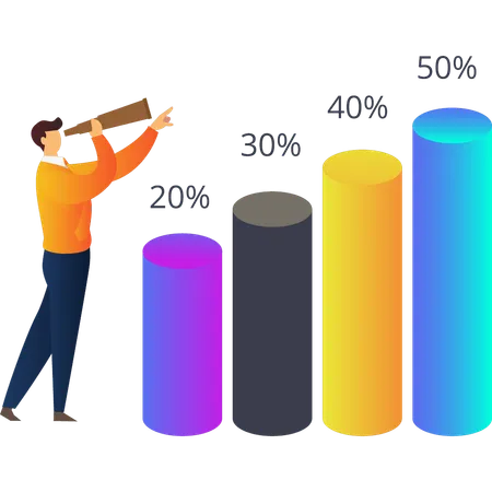 Boy Is Looking At Percentage Graph Through Spyglass Illustration