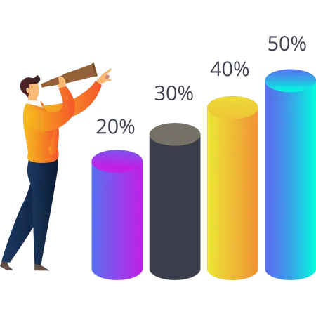 Boy looking at percentage graph through spyglass  Illustration