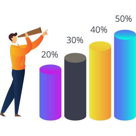 Boy looking at percentage graph through spyglass  Illustration