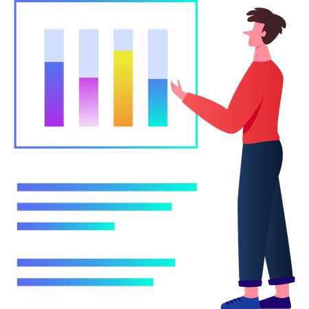 Boy looking at progress of business bar graph  Illustration