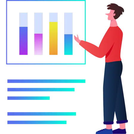 Boy looking at progress of business bar graph  Illustration