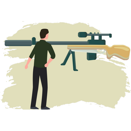 Boy Looking At Rifle Gun  Illustration