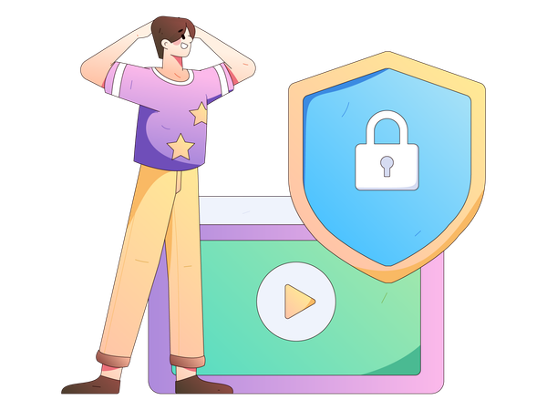 Boy looking at security shield  Illustration
