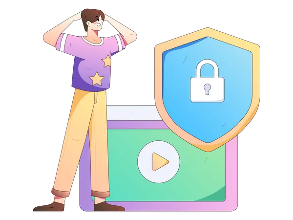 Boy looking at security shield  Illustration