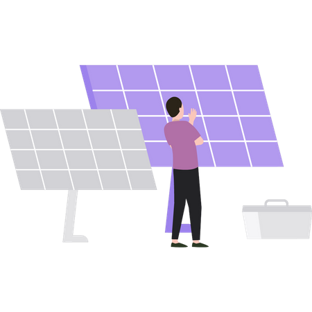 Boy looking at solar panels  Illustration