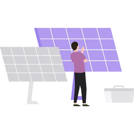 Boy looking at solar panels  Illustration