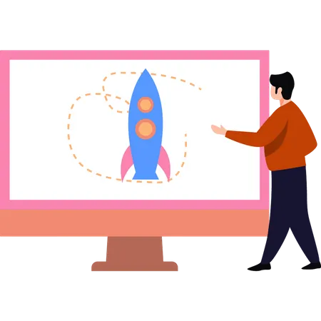 Boy looking at startup rocket  Illustration