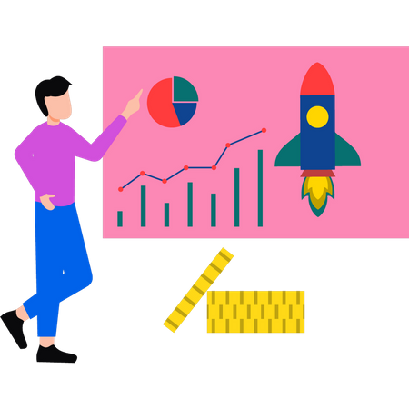 Boy looking at startup rocket  Illustration