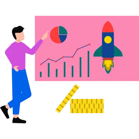 Boy looking at startup rocket  Illustration