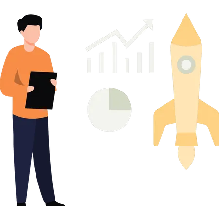 Boy looking at startup rocket  Illustration