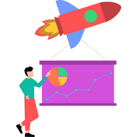 Boy looking at startup rocket  Illustration