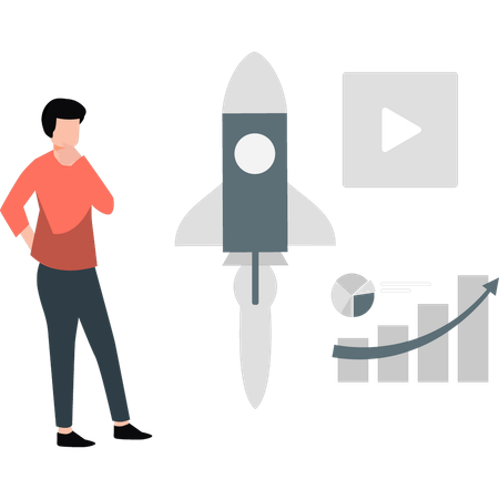 Boy looking at startup rocket  Illustration