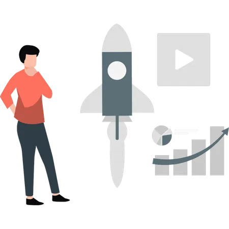 Boy looking at startup rocket  Illustration