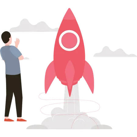 Boy looking at startup rocket  Illustration