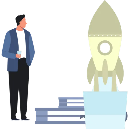 Boy Looking At Startup Rocket  Illustration