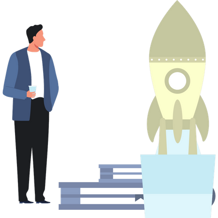 Boy Looking At Startup Rocket  Illustration