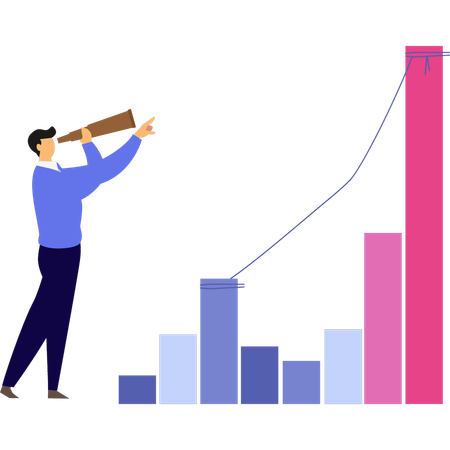 Boy looking at success graph through spyglass  Illustration