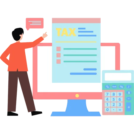 Boy Looking At Tax Document On Monitor Illustration