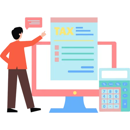 Boy looking at tax document on monitor  Illustration