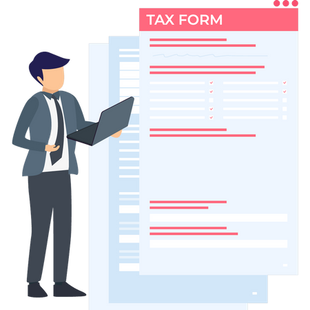 Boy looking at tax form on laptop  Illustration