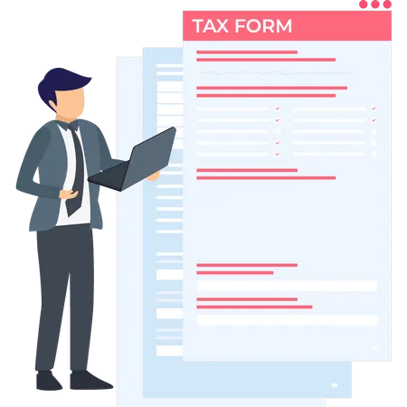 Boy Looking At Tax Form On Laptop Illustration