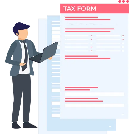 Boy looking at tax form on laptop  Illustration