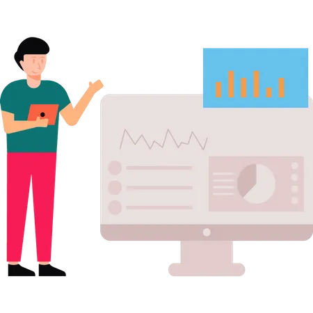 Boy looking at the bar graph on the screen  Illustration