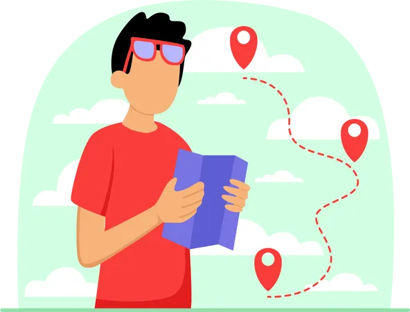 Boy looking at travel route  Illustration